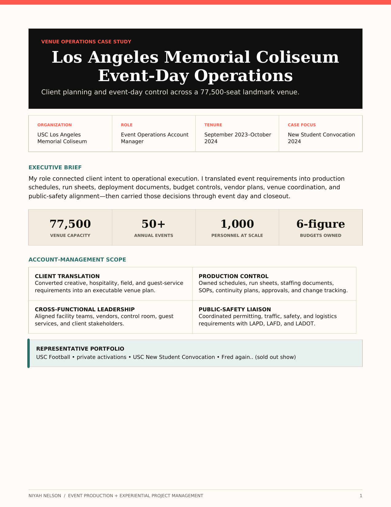 Sanitized event-day operations brief created by Niyah Nelson for USC New Student Convocation 2024 at the Los Angeles Memorial Coliseum